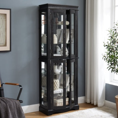 Lighted Glass Curio Display Cabinet,Display Cabinet,Glass Storage Cabinet Glass Wine Cabinet Wood Frame Toy Display For Living Room, Kitchen, Pantry Light Bulb Included Cherry