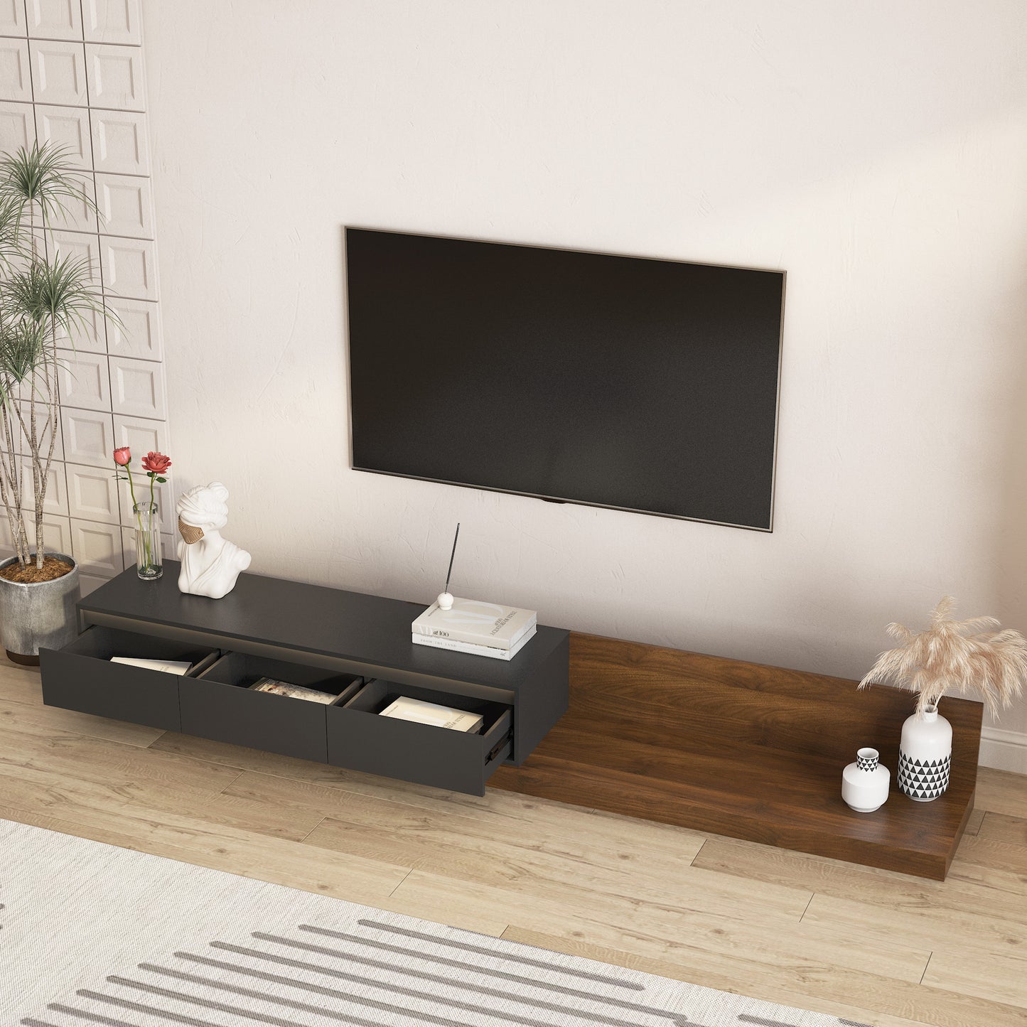 Modern Extendable TV Stand With LED Lights Wooden Entertainment Center And Media Cabinet With Storage Space, Suitable For Living Room And Bedroom Black