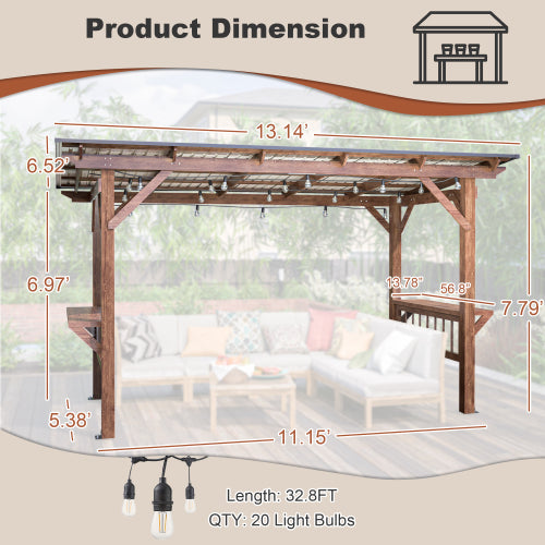 13' X 6.5' Wooden Pergola Grill Gazebo With Metal Roof & Bulbs & Bar Counters