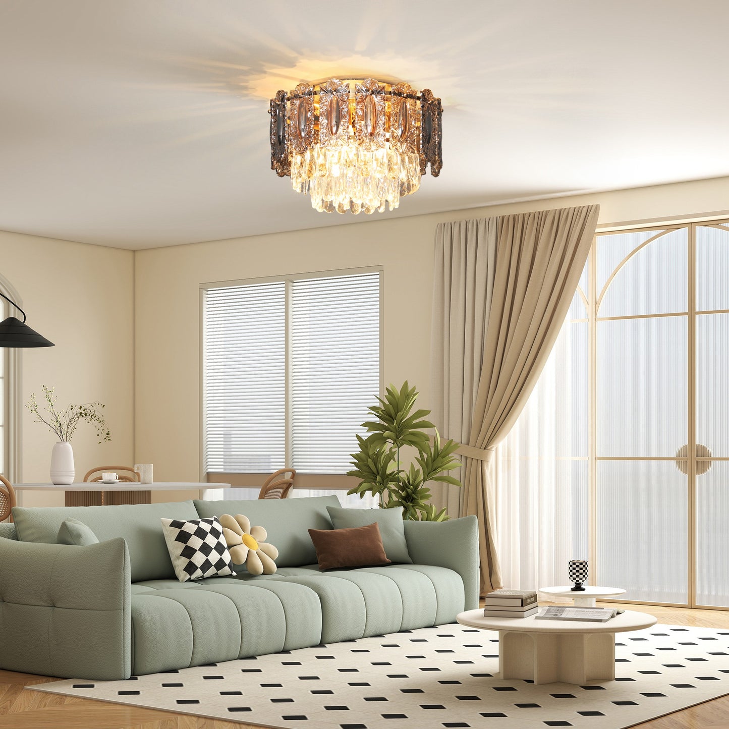 Chandelier Ceiling Light, 3-Light Vintage Flush Mount Fixture With Dual Crystal And Smoke Glass Shade, LED Ceiling Light For Living Room Bedroom, 3 E27 Sockets, Bulbs Not Included, Gold Tone