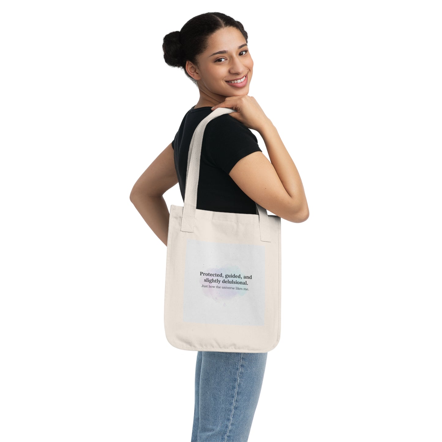 Canvas Tote Bag — "Protected, guided, and slightly delusional" Inspirational Quote Tote