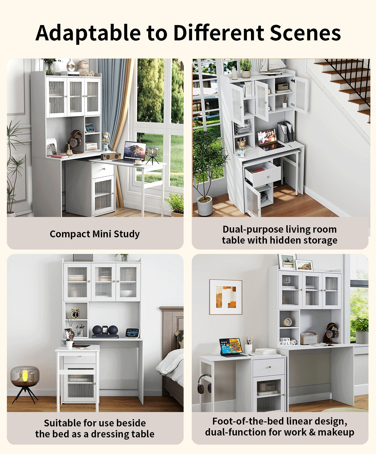 Computer Desk With Glass Door For Home Office Or Study Desk, Bookshelf & Hutch, Computer Desk With 90 Degree Rotating Desktop,Large Working Space