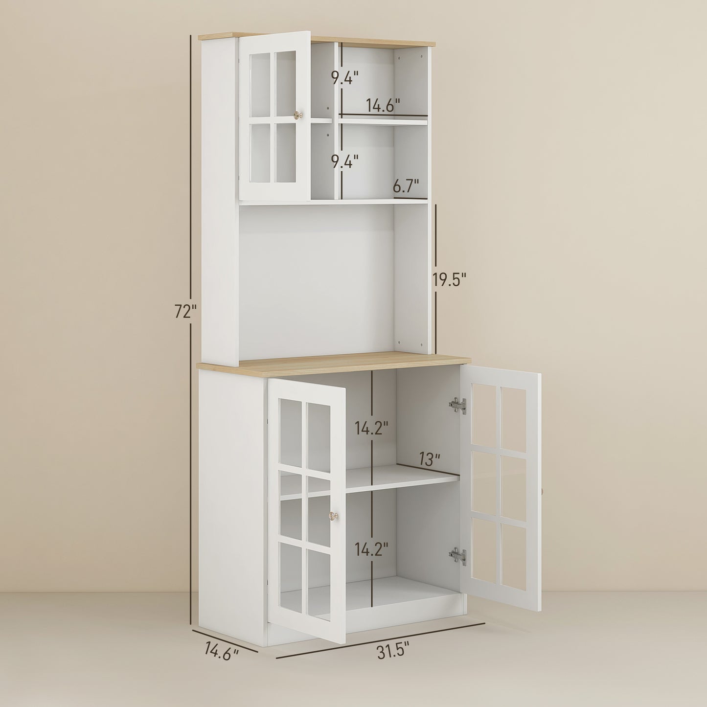 Kitchen Pantry Cabinet, 72" Freestanding Storage Cabinet with Hutch, Large Countertop, Glass Doors and Adjustable Shelves, Microwave Cabinet, Coffee Bar Cabinet for Dining Room, White