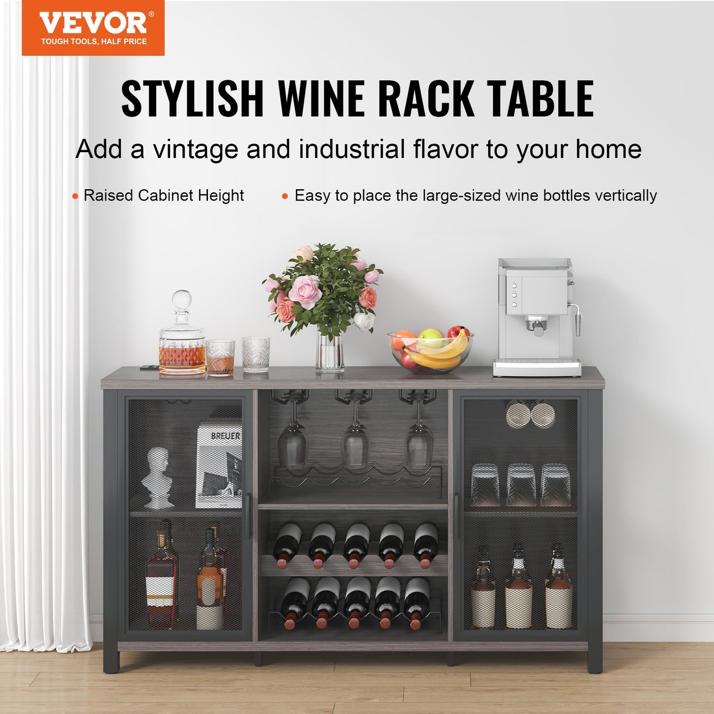 47 Inch Industrial Bar Cabinet, Wine Table For Liquor & Glasses, Sideboard Buffet Cabinet With Wine Rack, Freestanding Farmhouse Wood Coffee Bar Cabinet For Living Room, Home Bar, Kitchen