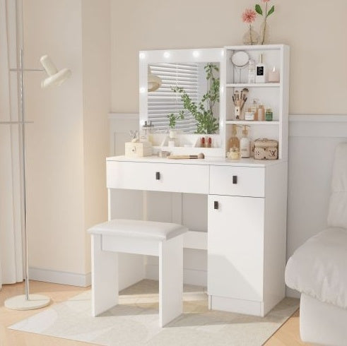 Vanity Desk With Lights - Mirror Set, Three-Level Storage Dresser, Adjustable Brightness, White