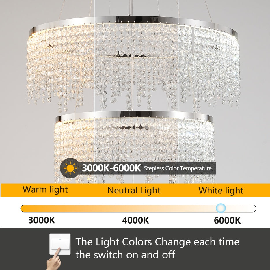 24-inch Crystal Chandelier LED Ceiling Lamp, Adjustable Color Temperature 3000K 4000K 6000K, Height Adjustable, Luxury Round Chandelier, Suitable For Living Room, Dining Room, Bedroom
