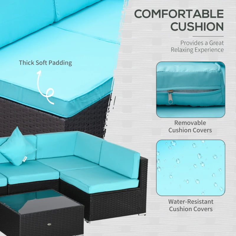 7-Piece Patio Furniture Set, Outdoor Wicker Conversation Set, All Weather PE Rattan Sectional Sofa Set With Cushions And Tempered Glass Top Coffee Table, Pillows, Turquoise