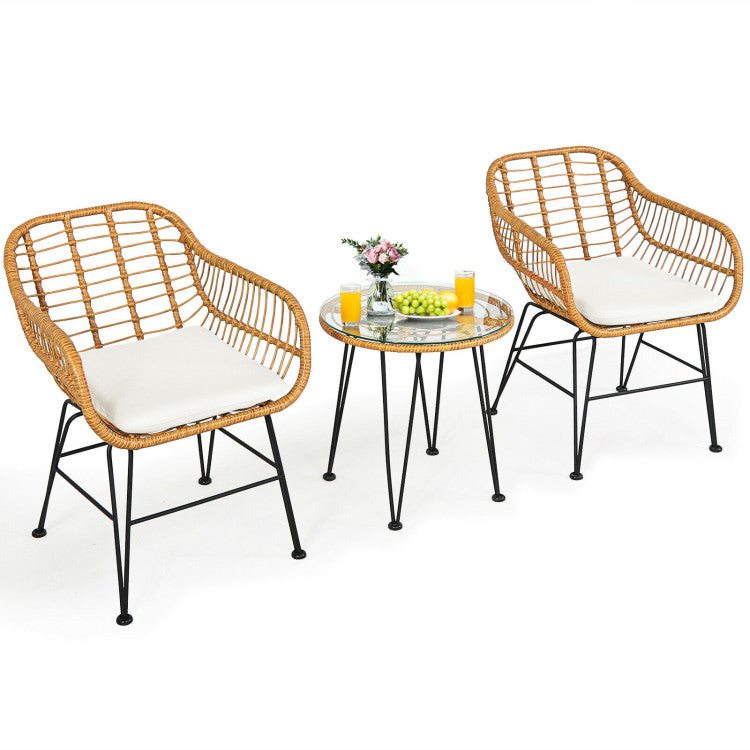 3 Pieces Rattan Furniture Set With Cushioned Chair Table -