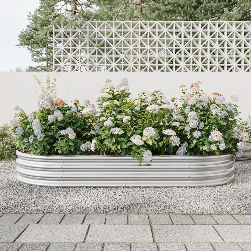 Elegant Oval Metal Raised Garden Bed In Silver For Plants And Flowers