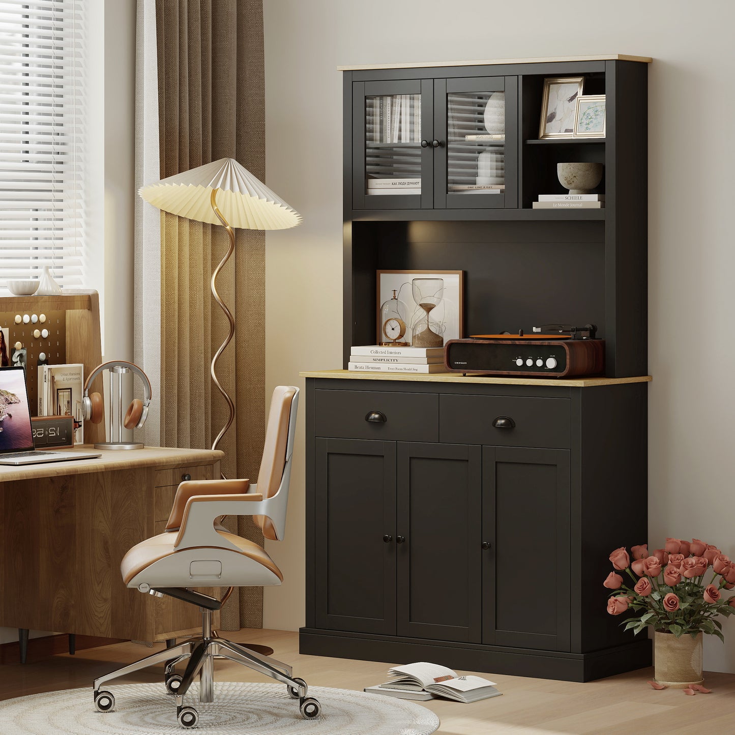 Freestanding Kitchen Cabinet, 71" Tall Pantry Cabinet, Modern Hutch with Wide Countertop, Adjustable Shelves, Black