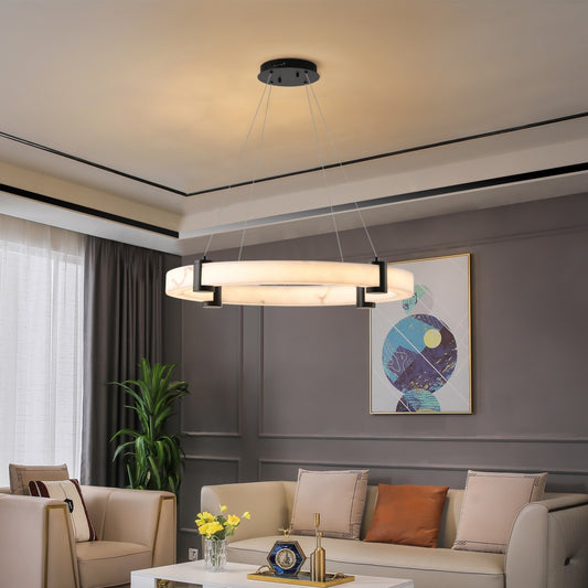Modern LED Pendant Light, 24-Inch Round Hanging Chandelier With Adjustable Height, Marble Finish Resin Ring Ceiling Light For Dining Room, Kitchen Island, Living Room