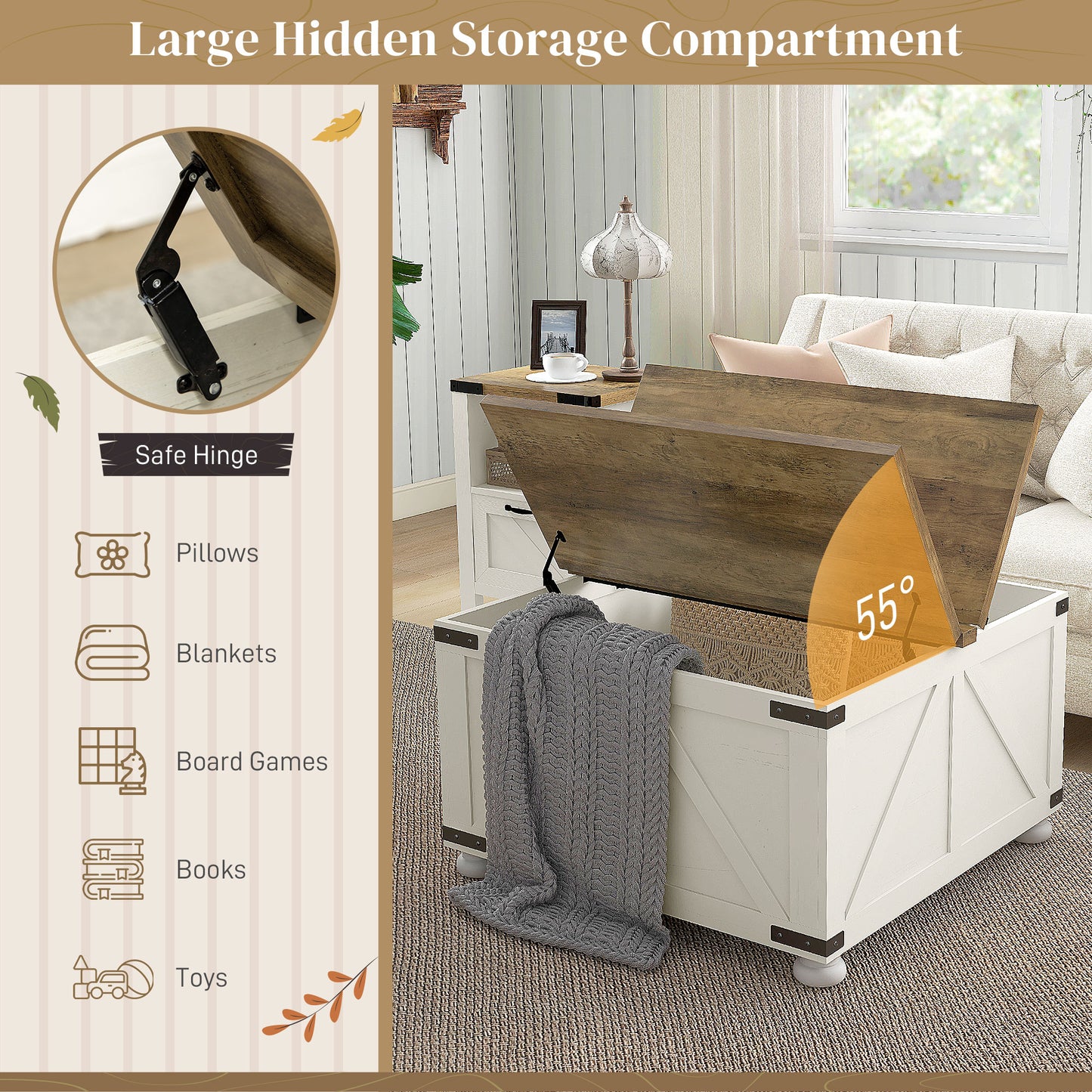 Farmhouse Coffee Table with Storage, Large Square Coffee Table for Living Room Furniture, Wooden Center Table