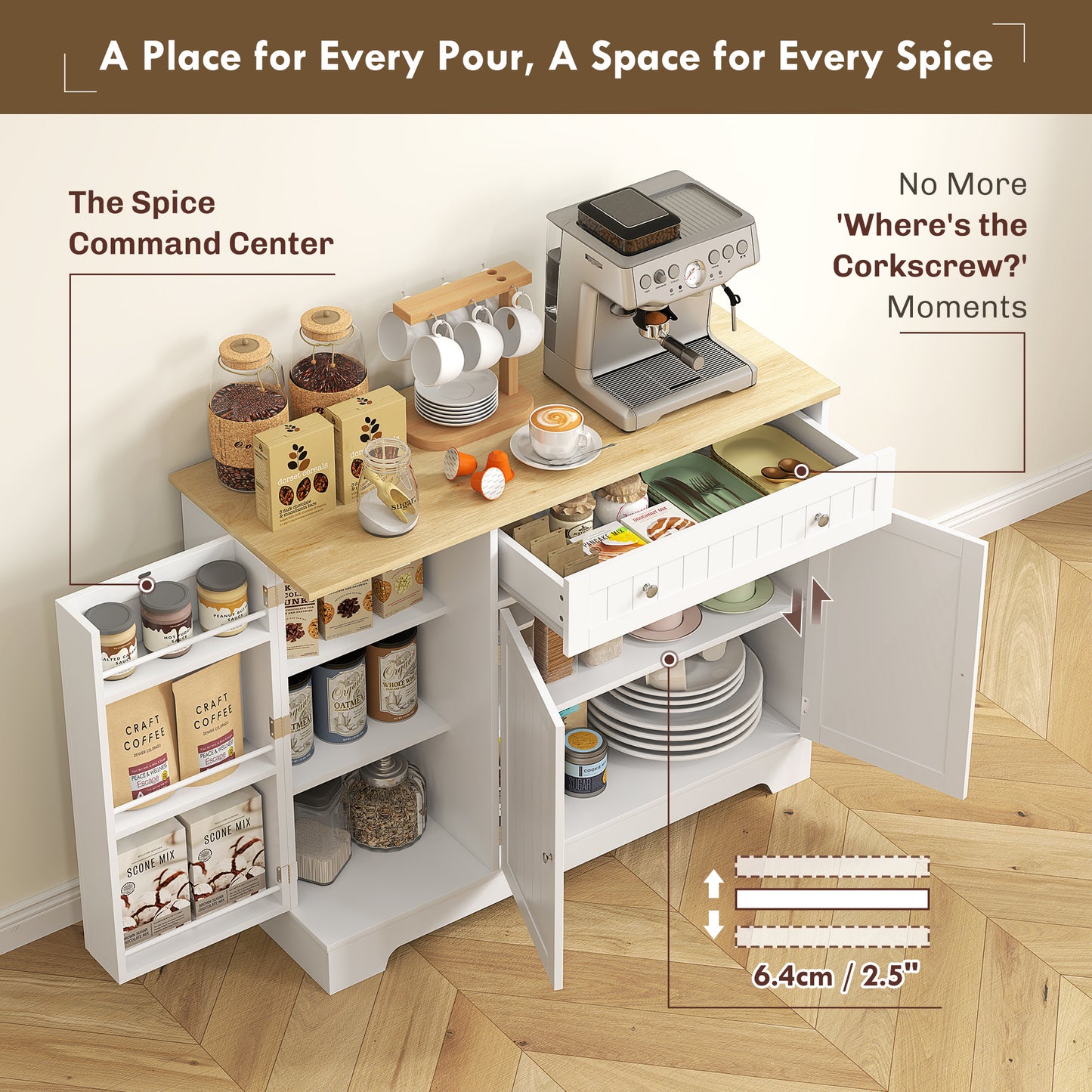 Modern Sideboard Cabinet, 41" Kitchen Buffet Cabinet with Drawer, Adjustable Shelf, 3 Doors for Dining Room, White