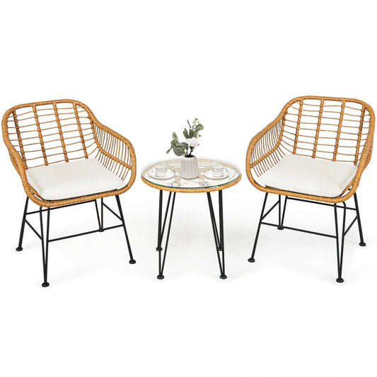 3 Pieces Rattan Furniture Set With Cushioned Chair Table -