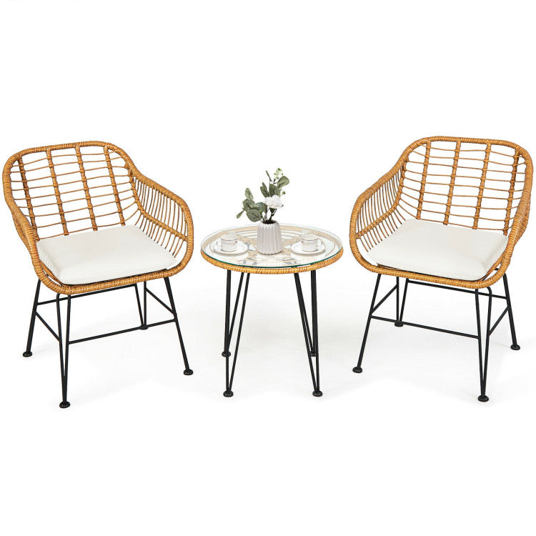 3 Pieces Rattan Furniture Set With Cushioned Chair Table -