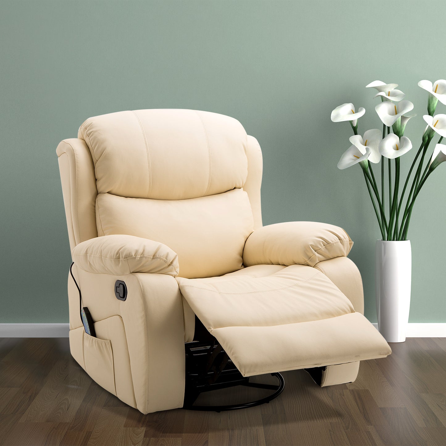PU Leather Reclining Chair With 8 Massage Points And Heat, Manual Recliner With Swivel Base, Footrest And Remote, Beige