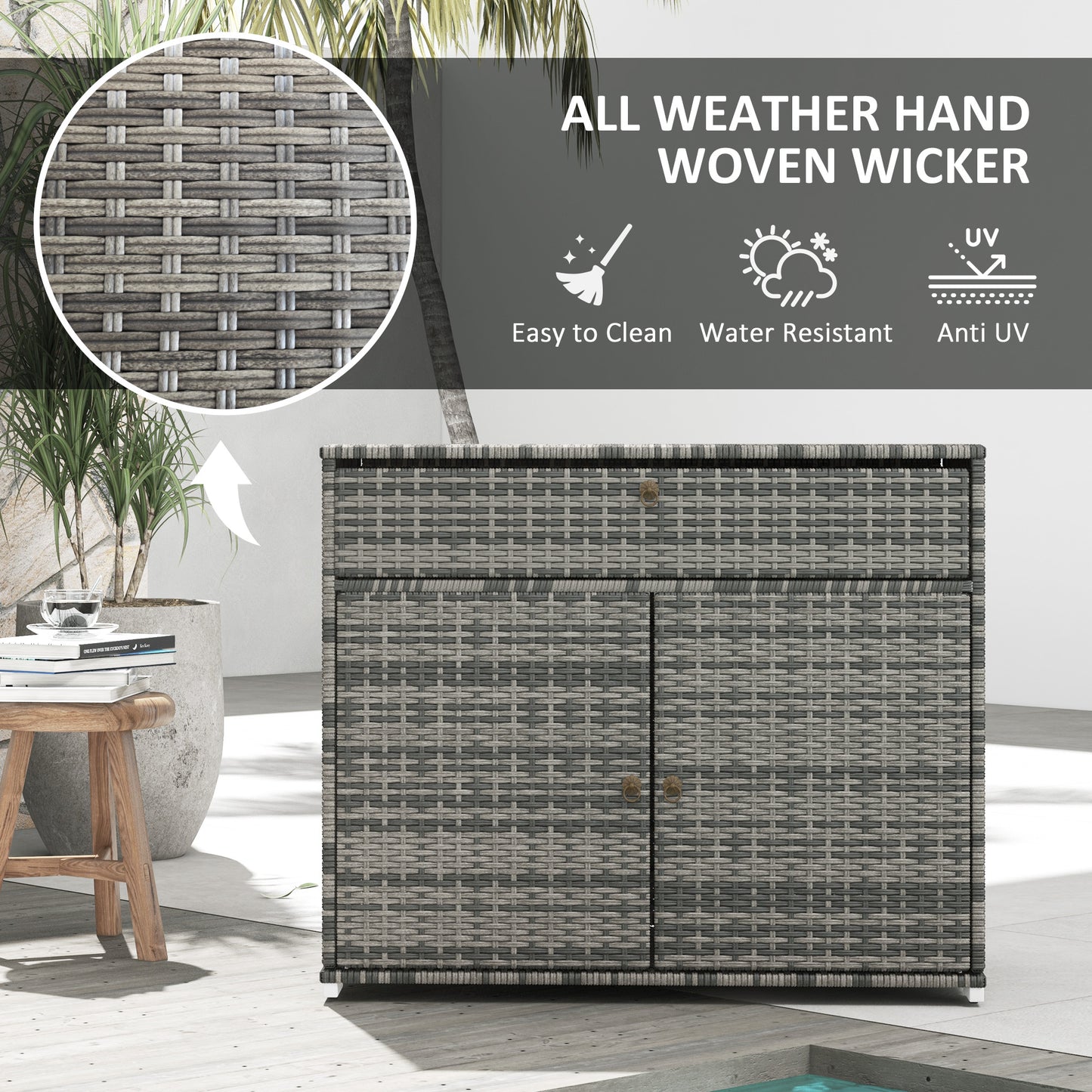 Outdoor Storage Cabinet, Waterproof PE Rattan Cabinet with Drawer for Indoor, Outdoor Swimming Pool, Gray