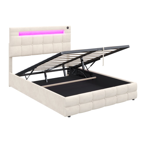 4ft6 Double Upholstered Bed Frame With Hydraulic Storage, Velvet Ottoman Bed With LED Lighting And Charging Station, Double Bed With Adjustable Button Tufted Headboard, Beige