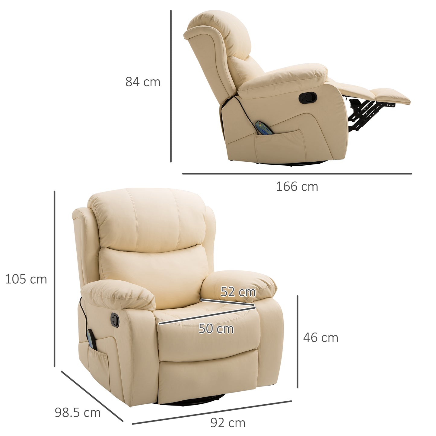 PU Leather Reclining Chair With 8 Massage Points And Heat, Manual Recliner With Swivel Base, Footrest And Remote, Beige
