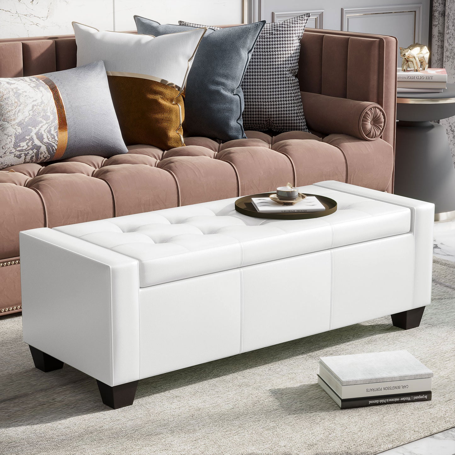 50.5" Faux Leather Rectangular Tufted Storage Ottoman for Living Room, Entryway, or Bedroom, White