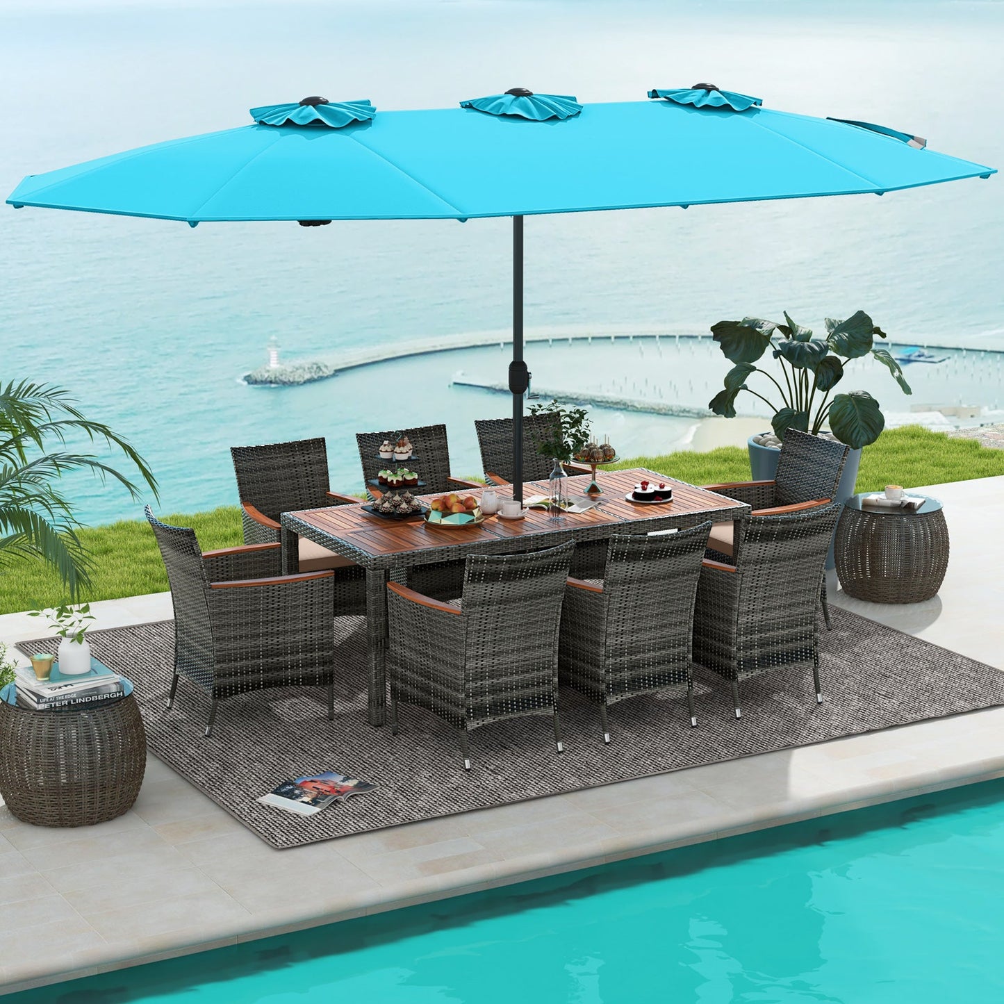 10 Pieces Patio Wicker Dining Set with 15 Feet Double-Sided Patio Umbrella-Turquoise