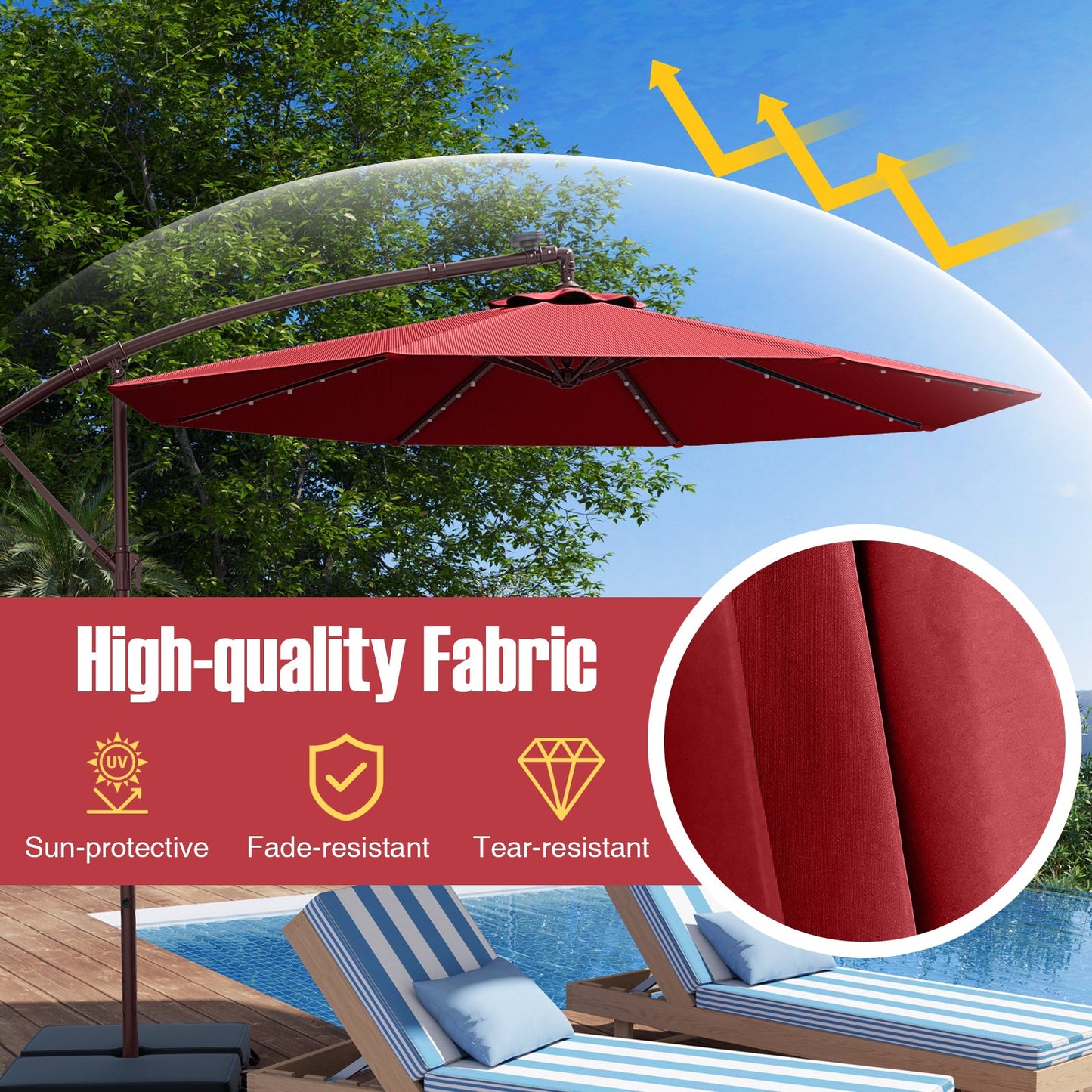 10 Ft Patio Umbrella Offset Cantilever Umbrella with 40 Solar Powered Lights-Red