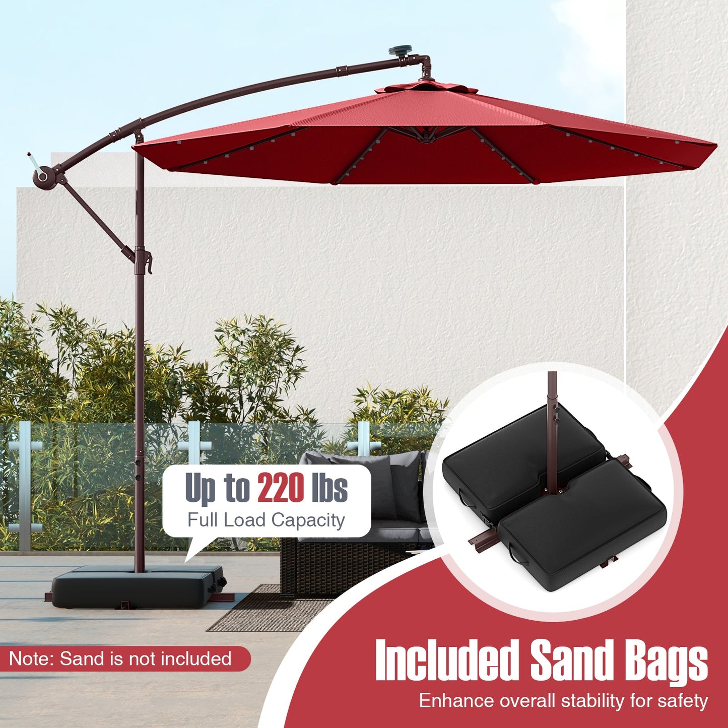10 Ft Patio Umbrella Offset Cantilever Umbrella with 40 Solar Powered Lights-Red