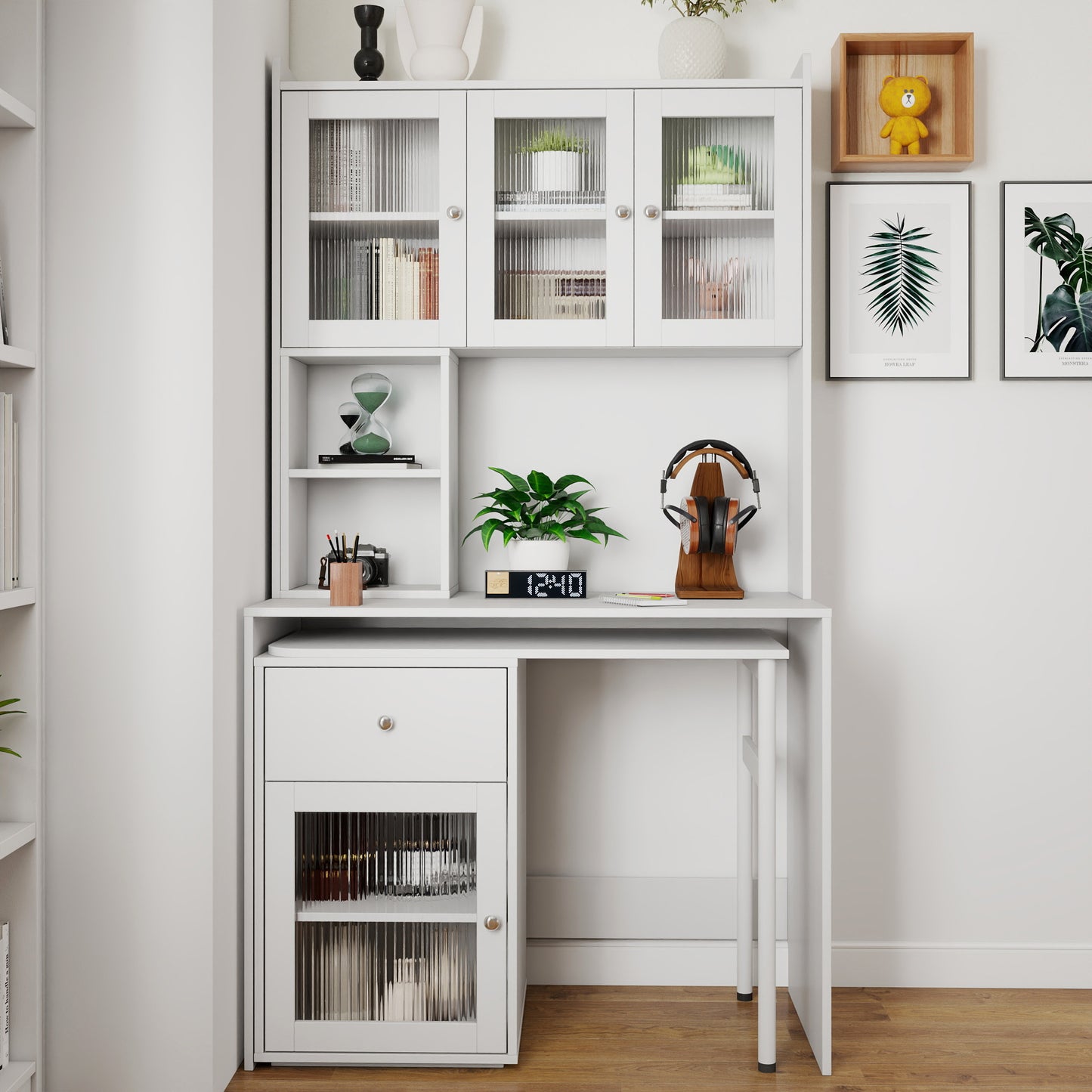 Computer Desk With Glass Door For Home Office Or Study Desk,  Bookshelf & Hutch, Computer Desk With 90 Degree Rotating Desktop,Large Working Space