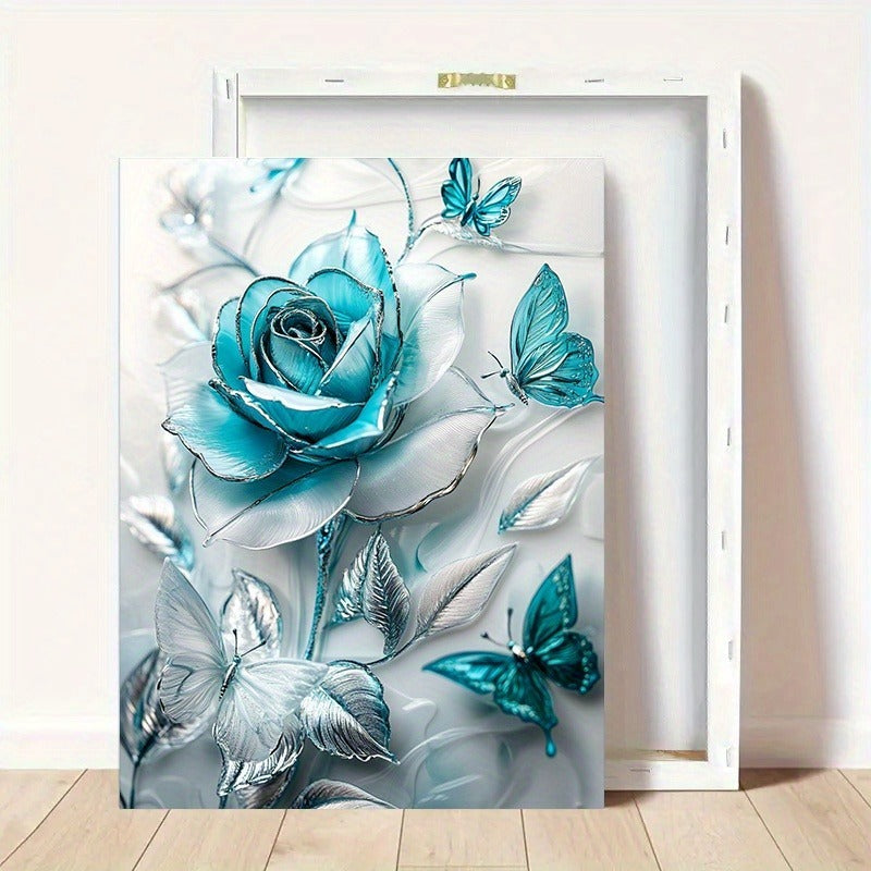Turquoise Blue Crystal Rose And Teal Butterflies Canvas Wall Decor