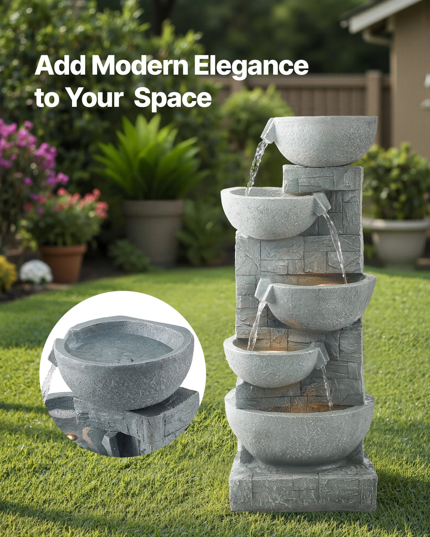 Compact Outdoor Five Tier Cascading Water Fountain With Lime Gray Finish