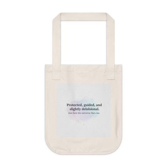 Canvas Tote Bag — "Protected, guided, and slightly delusional" Inspirational Quote Tote