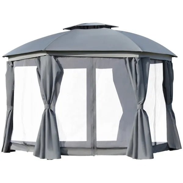 144x144 Inch Round Outdoor Gazebo, Patio Dome Gazebo Canopy Shelter With Double Roof, Netting Sidewalls And Curtains