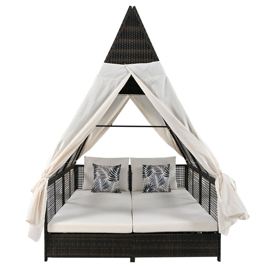 Enchanted Luxe Cream Outdoor Daybed With Backrest And Curtains