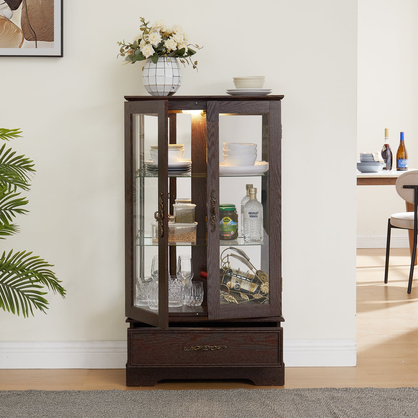 Glass Cabinet Lighted Glass Cabinet Curio Display Cabinet With Adjustable Glass Shelves 2 Doors And 1 Drawer Cabinet Bulb Included Cherry