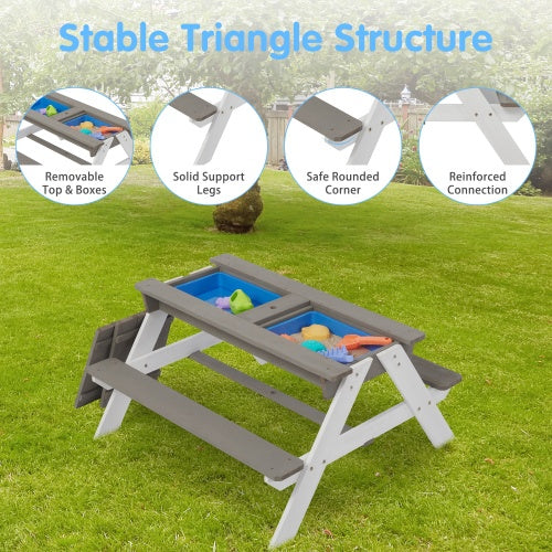3-In-One Kids Outdoor Wooden Picnic Table With Umbrella Sand Water