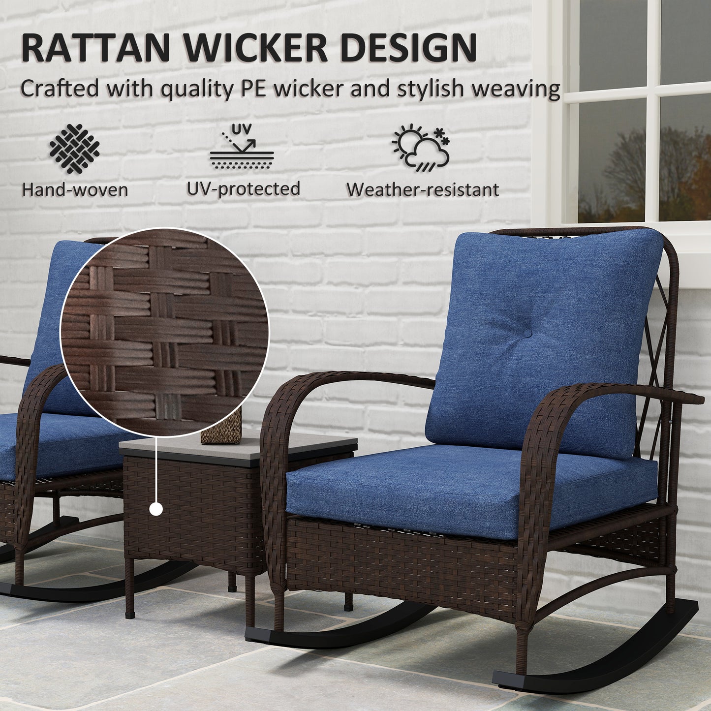 Three Piece Wicker Patio Set With Rocking Chairs And Coffee Table -  Tufted Cushions