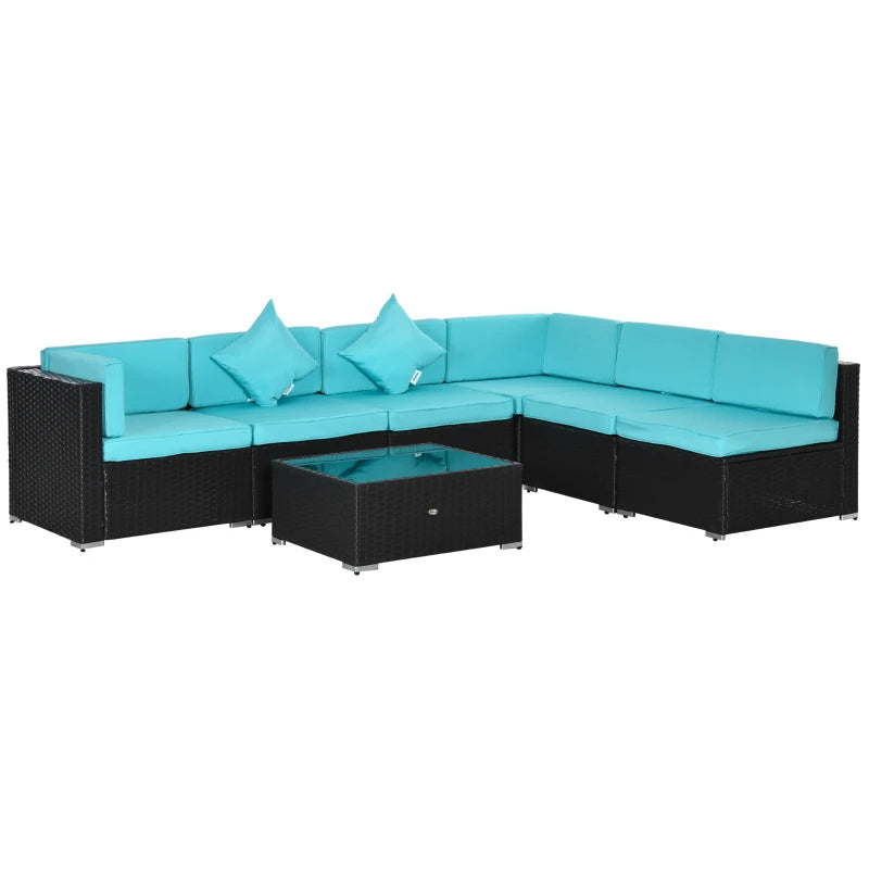 7-Piece Patio Furniture Set, Outdoor Wicker Conversation Set, All Weather PE Rattan Sectional Sofa Set With Cushions And Tempered Glass Top Coffee Table, Pillows, Turquoise