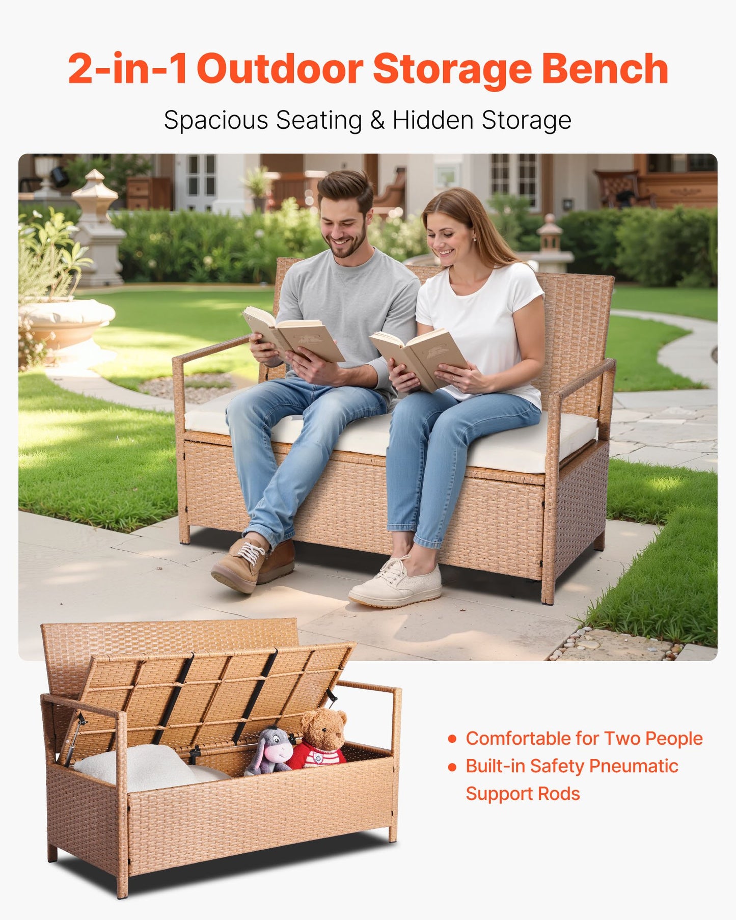 Outdoor PE Rattan Storage Bench With Pneumatic Lift Seats Two