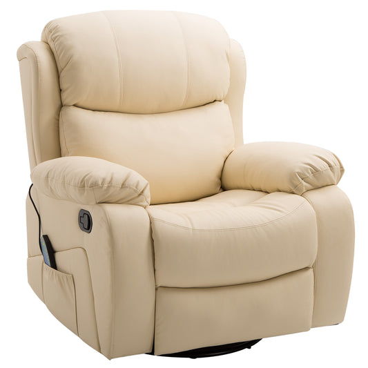 PU Leather Reclining Chair With 8 Massage Points And Heat, Manual Recliner With Swivel Base, Footrest And Remote, Beige