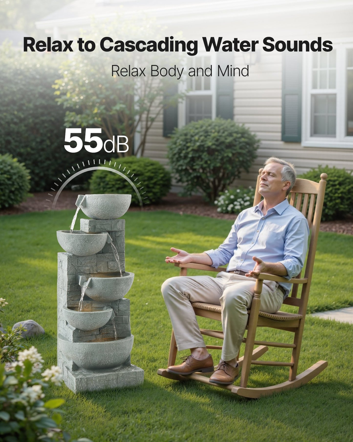 Compact Outdoor Five Tier Cascading Water Fountain With Lime Gray Finish