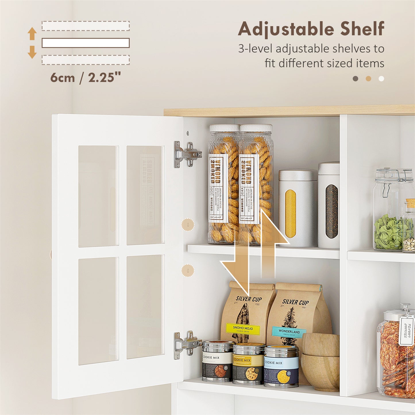 Kitchen Pantry Cabinet, 72" Freestanding Storage Cabinet with Hutch, Large Countertop, Glass Doors and Adjustable Shelves, Microwave Cabinet, Coffee Bar Cabinet for Dining Room, White