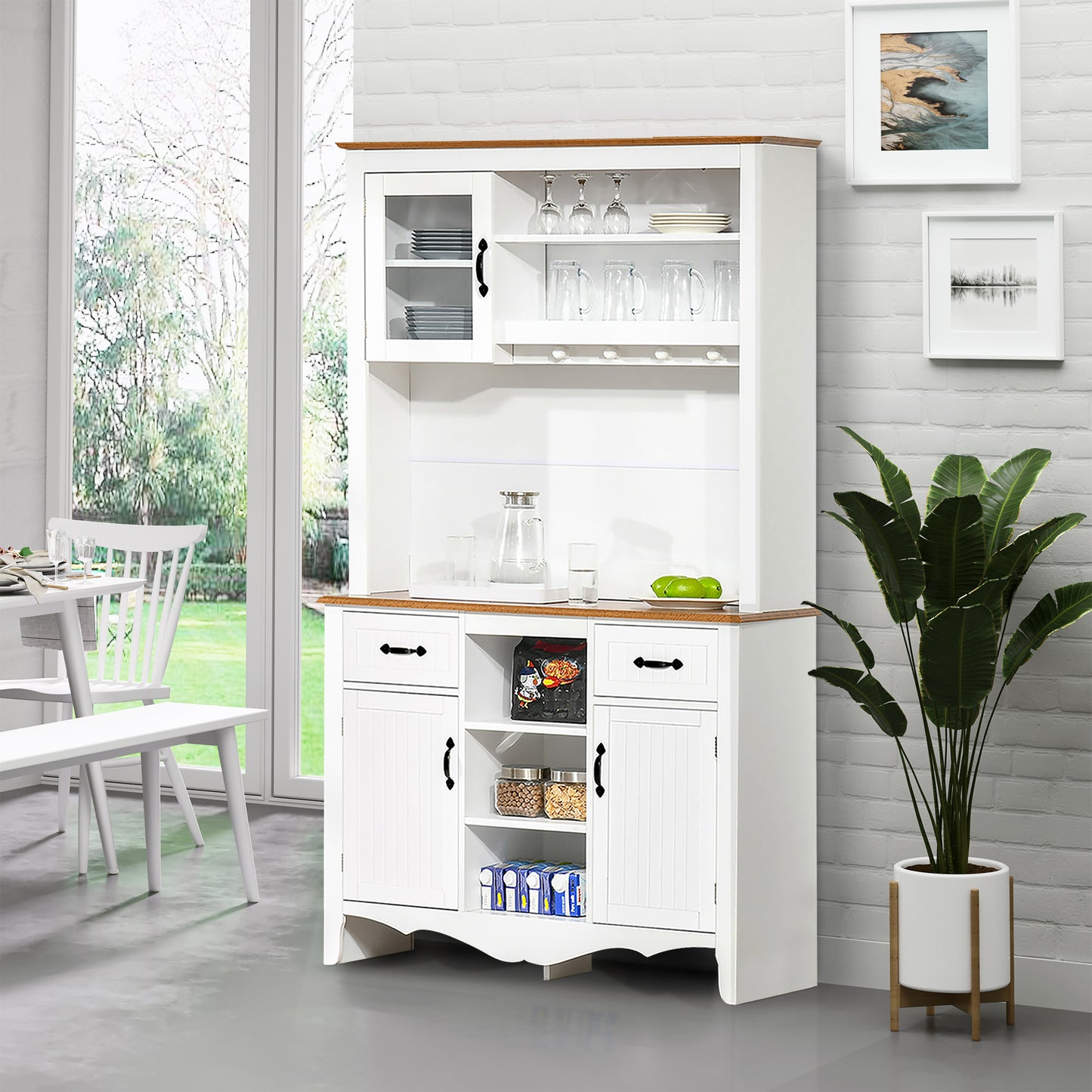 Farmhouse 71" Kitchen Buffet with Hutch, Storage Cabinet with Drawers and Shelves, White
