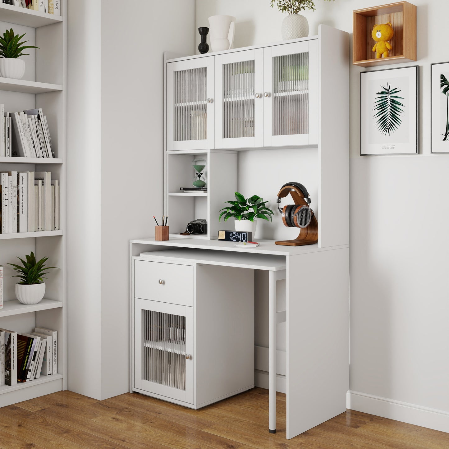 Computer Desk With Glass Door For Home Office Or Study Desk,  Bookshelf & Hutch, Computer Desk With 90 Degree Rotating Desktop,Large Working Space