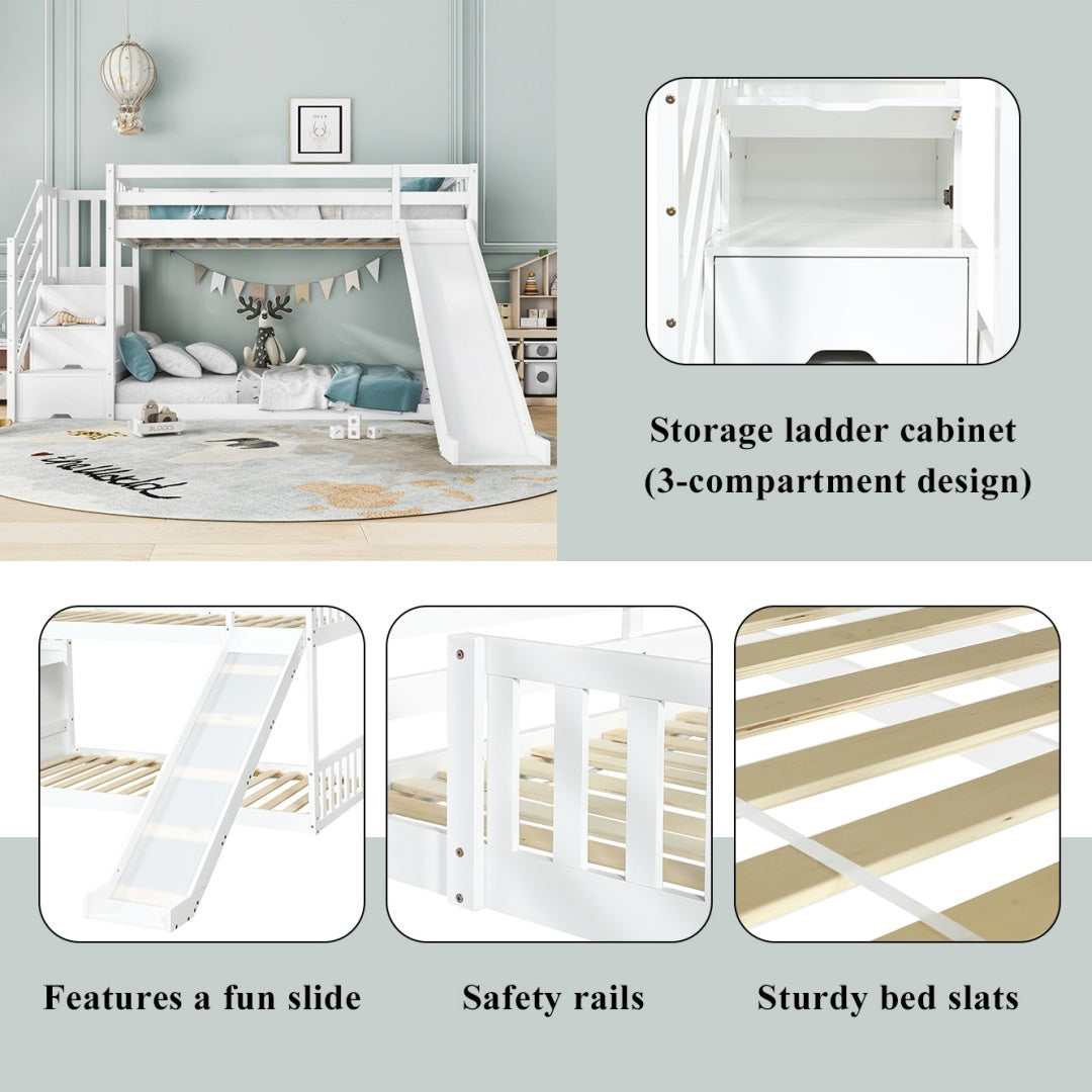 Bunk Bed With Stairs And Slide, Solid Pine Wood Frame, Children Bed, Storage Stairs, 90x190cm, White