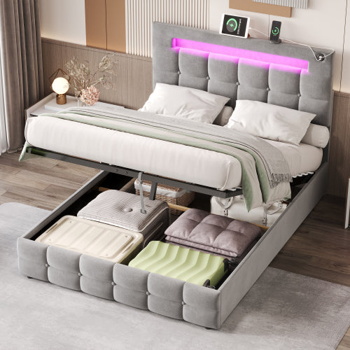 4ft6 Double Upholstered Bed Frame With Hydraulic Storage, Velvet Ottoman Bed With LED Lighting And Charging Station, Double Bed With Adjustable Button Tufted Headboard, Beige