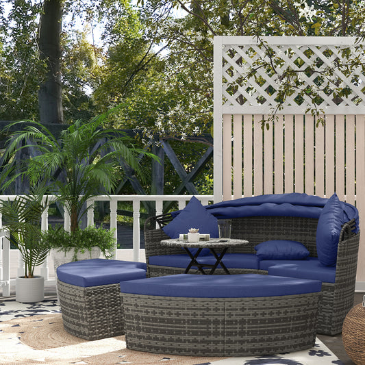 4 Piece Round Rattan Daybed Furniture Set, Canopy, Outdoor Sofa, 2 Chairs, Extending Table Ottoman Chair, Pillows, Blue
