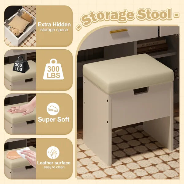 Makeup Vanity With Mirror And Light - Cushioned Stool