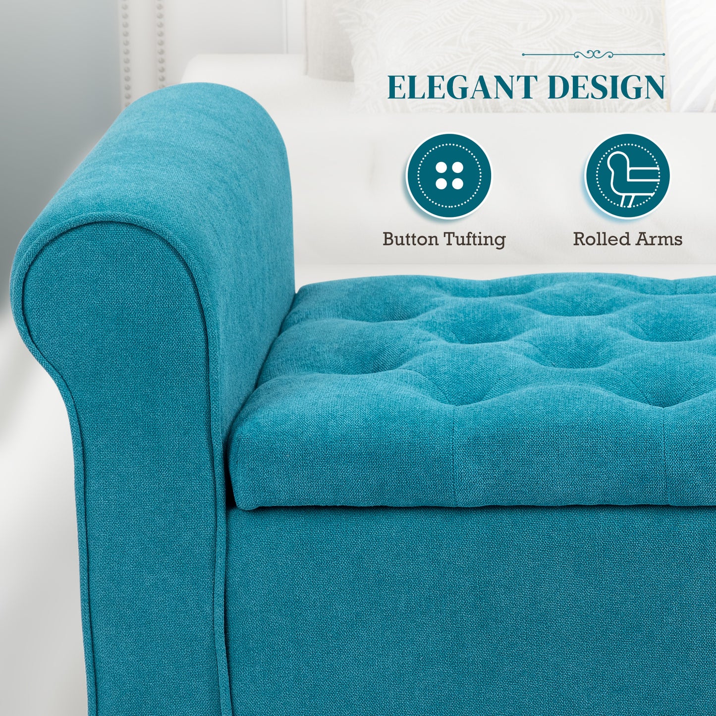 50 Inches Storage Ottoman, End of Bed Bench with Rolled Arms, Wood Legs, Button Tufted Storage Bench, Teal