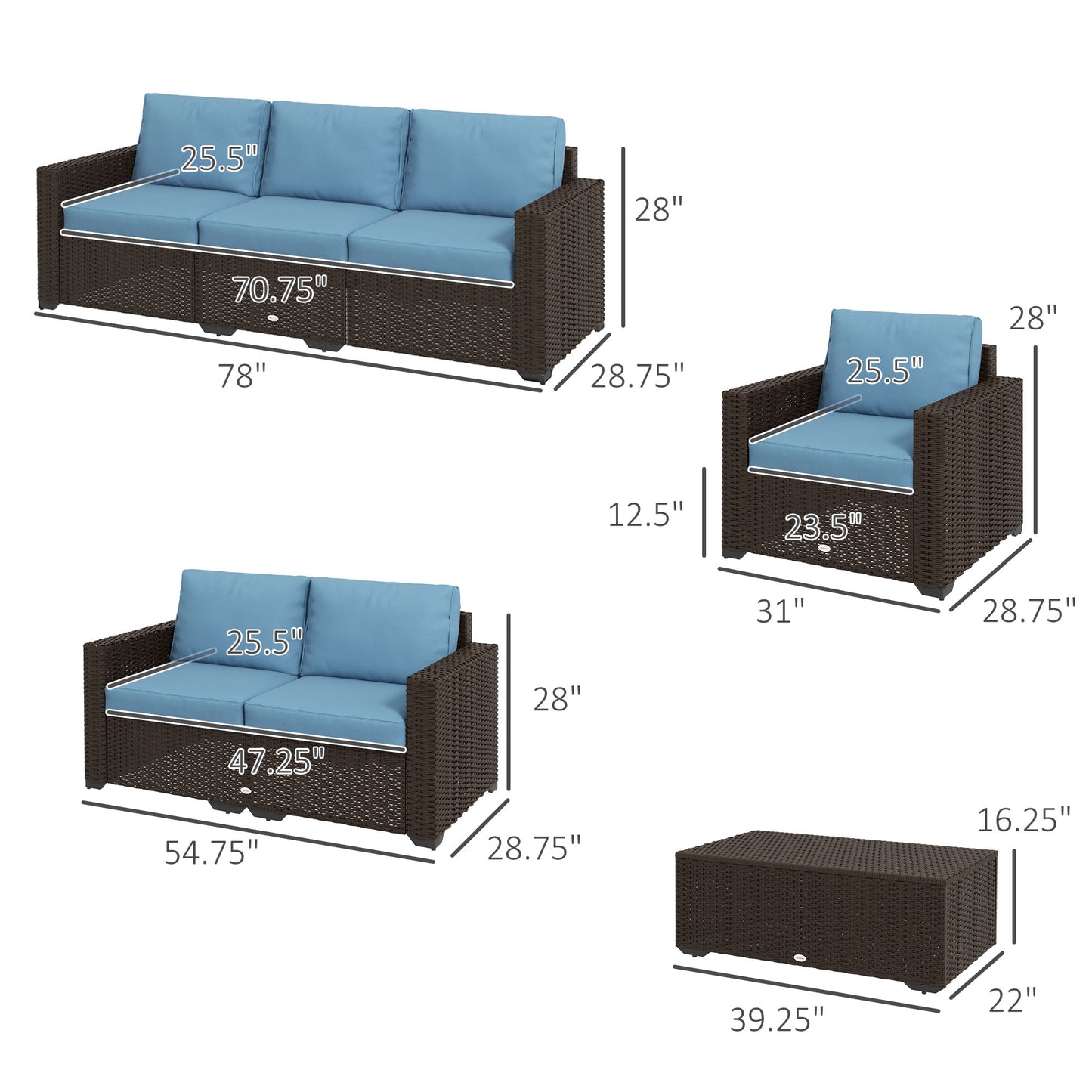 Patio Furniture Set, Cushions, Sofa, Loveseat, Storage Table, Blue