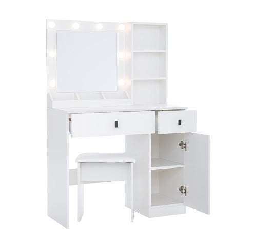 Vanity Desk With Lights - Mirror Set, Three-Level Storage Dresser, Adjustable Brightness, White